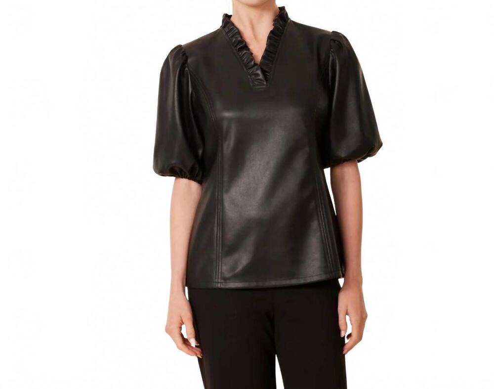 NEW DOLCE CABO faux leather ruffle neck top in black